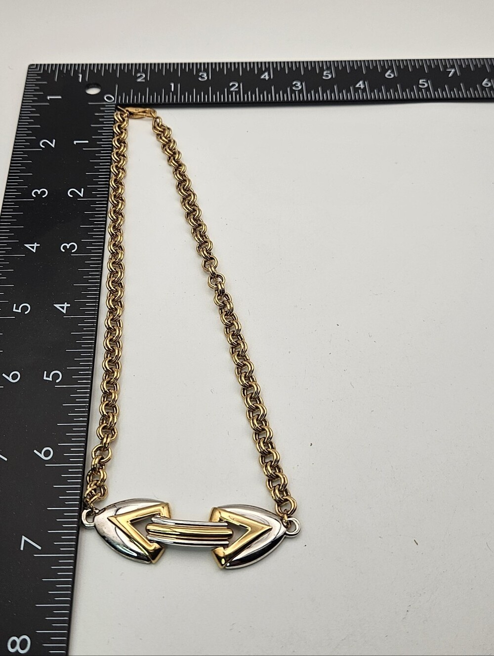 Vintage MONET Two Tone Gold Silver Geometric Center Focal Link Necklace - Picture 9 of 9